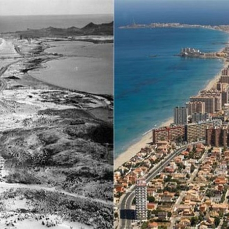 Porovnání výstavba na La Manze v letech 1950 a dnes - zdroj fotografie diariodelamanga.com