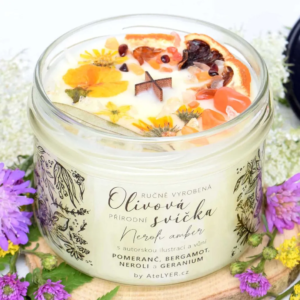 Přírodní olivová svíčka s dřevěným knotem Neroli amber