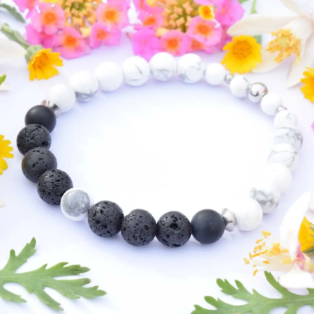 Pánský náramek z minerálů a lávového kamene Jin a Jang, nerez ocel